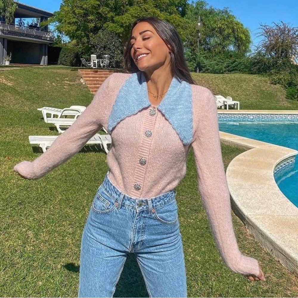 BNWT Zara Pink and Blue Cardigan Sweater with Rhinestone Buttons
